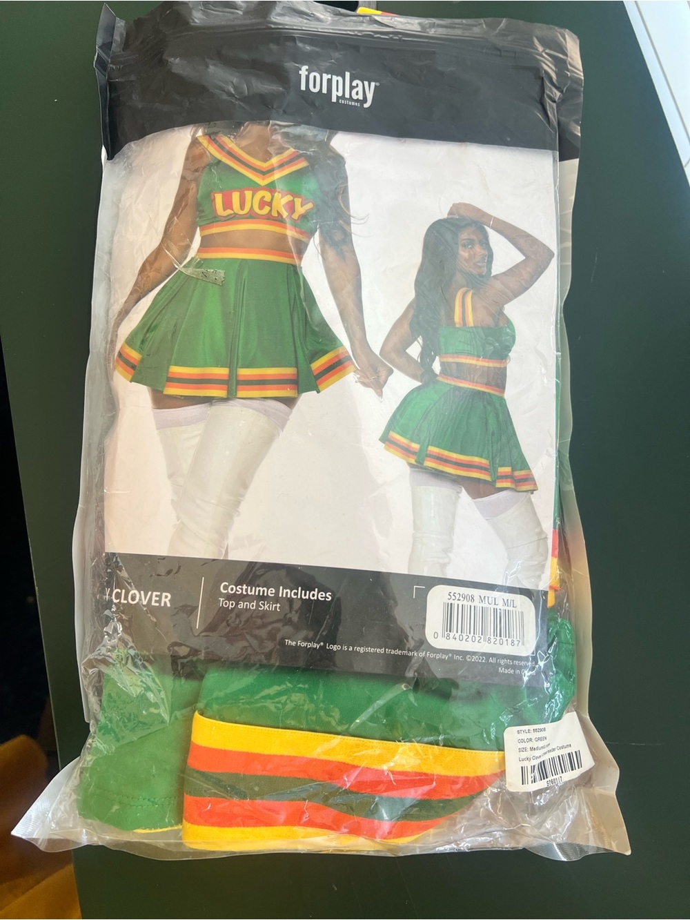 Forplay Green Cheerleader Costume Set with Yellow & Orange Stripes